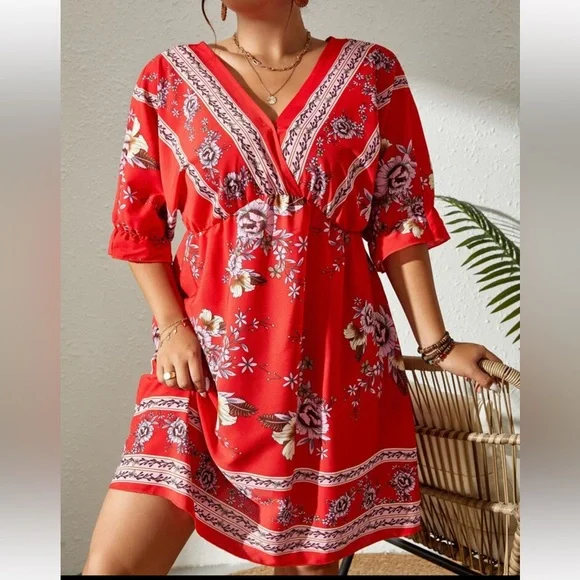 Boho Plus Size Floral Print Tie Back Dress - Picture 9 of 14